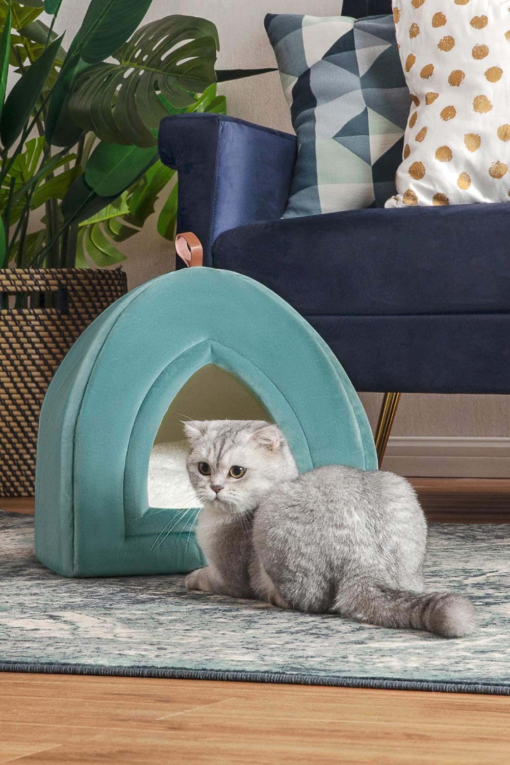 Bedsure Pet Tent Cave Bed for Cats/Small Dogs - 15x15x15 inches 2-in-1 Cat Tent/Kitten Bed/Cat Hut with Removable Washable Cushioned Pillow - Microfiber Indoor Outdoor Pet Beds, Washed Blue : Pet Supplies