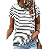 ONLYSHE Womens Short Sleeve Shirts Casual Crewneck Tops Tshirt Basic Tees Summer Fashion Strpied Clothes Outfits Tunic