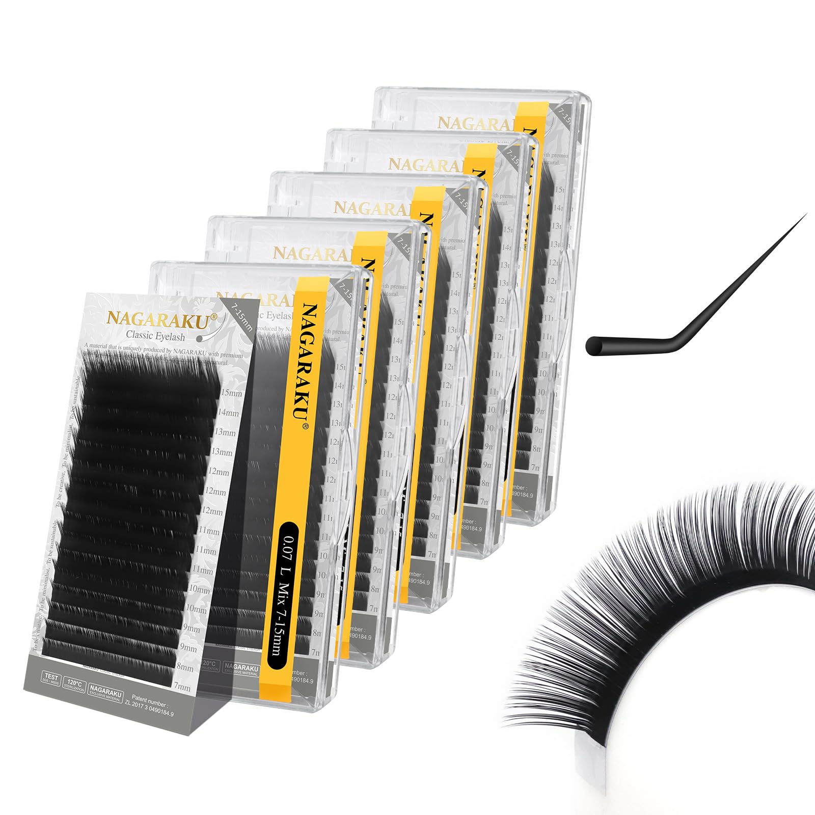 NAGARAKU Eyelash Extensions Classic J B C D N LC LD L DD CC LB Curl 0.03-0.20 Thickness 5-17mm, Matte Black Individual Lashes Professional Supplies for Lash Techs (0.07-L 7-15mm Mix 5 Trays) Image