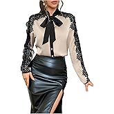 SweatyRocks Women's Lace Crochet Bow Tie Mock Neck Button Down Shirts Long Sleeve Shirts Casual Blouse Top