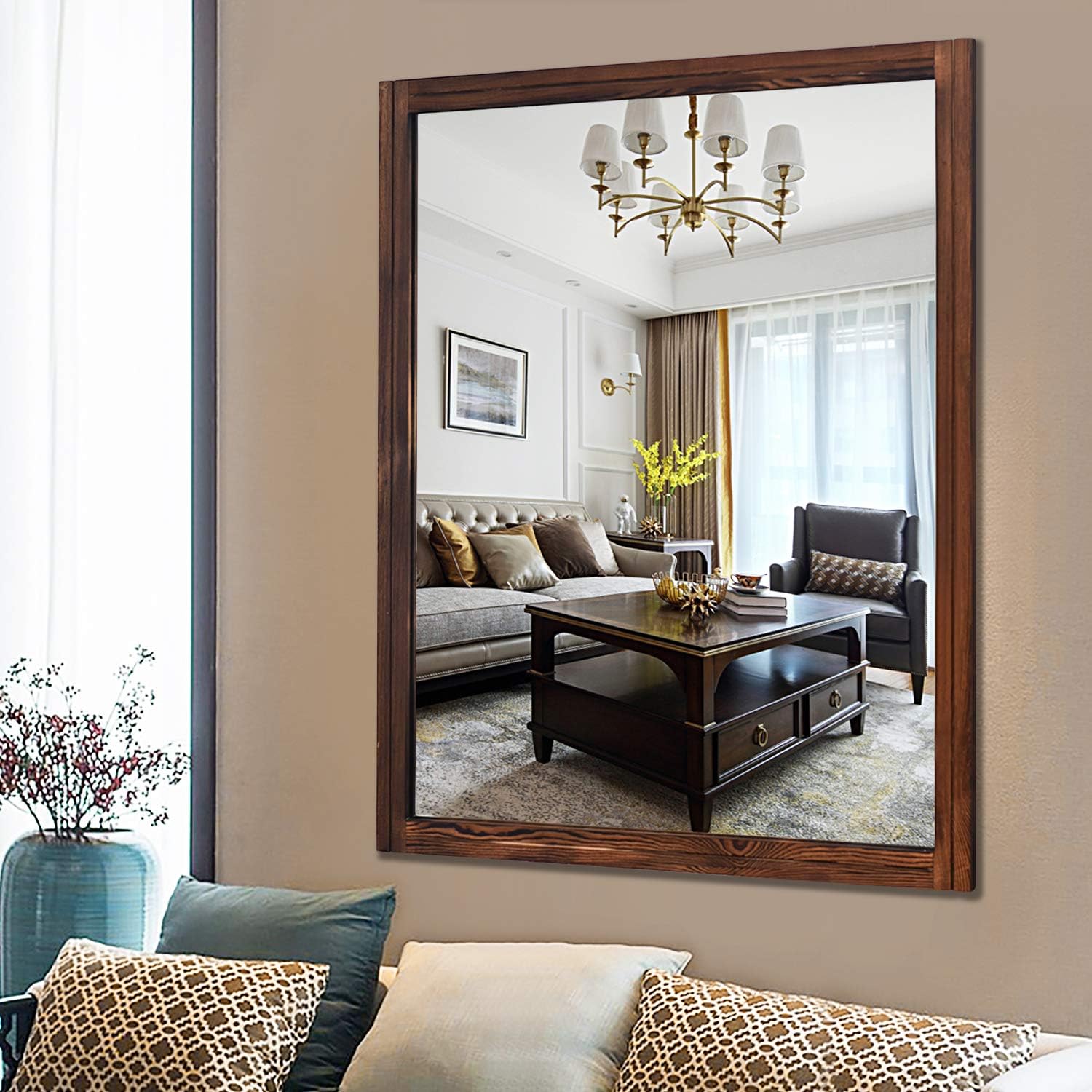 PexFix Hanging Wall Mirrors Retro Rustic Rectangular Frame Leaning Wooden Makeup Mirror Decor Horizontal or Vertical for Bathroom Bedroom Living Room 32”x 40” Distressed Brown