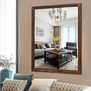 PexFix Hanging Wall Mirrors Retro Rustic Rectangular Frame Leaning Wooden Makeup Mirror Decor Horizontal or Vertical for Bathroom Bedroom Living Room 32”x 40” Distressed Brown