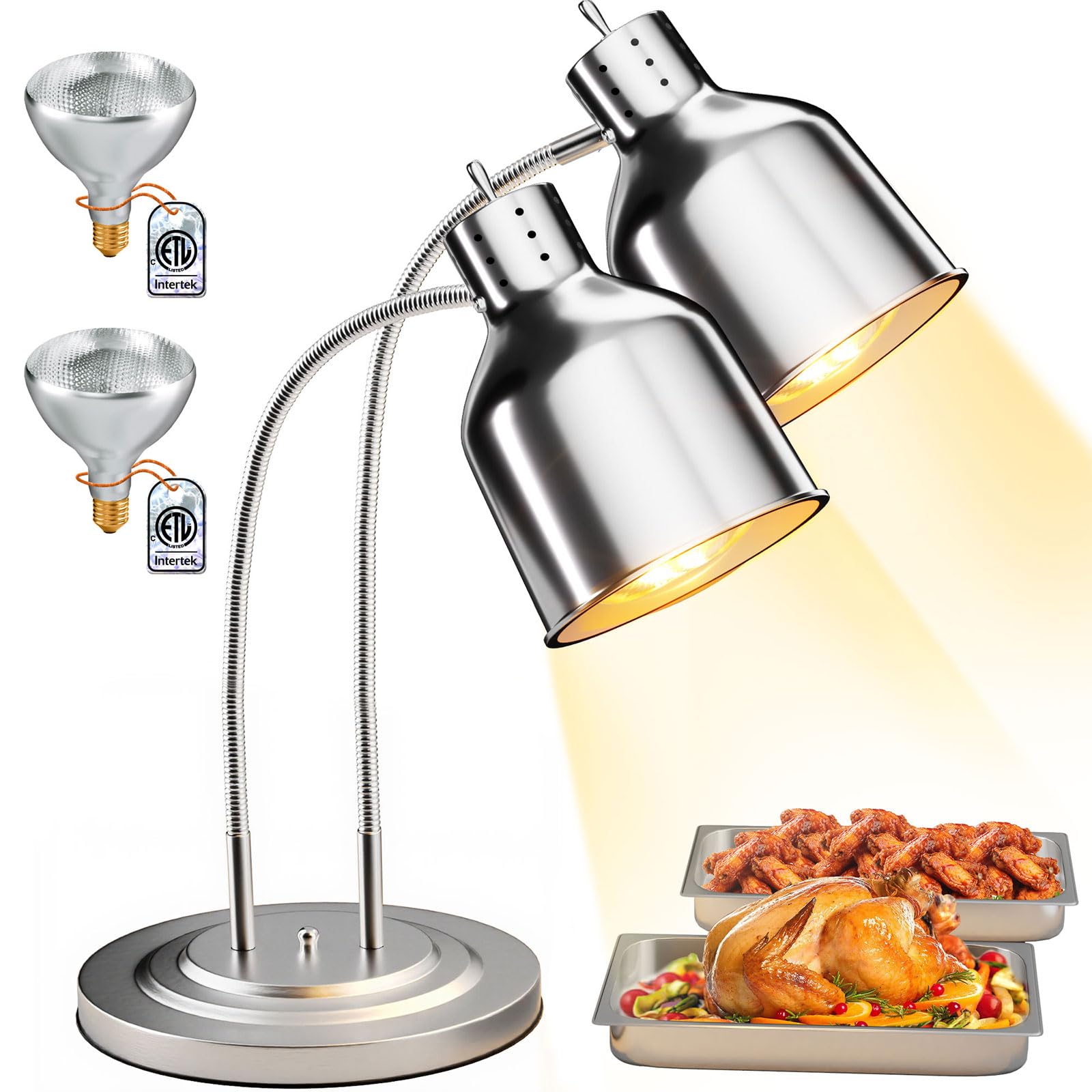 Photo 1 of PYY Food Heat Lamp - Commercial Food Warmer, 2-Head Food Warming Light, 500W Portable Electric Heating Lamp, Stainless Steel Catering Food Warming Lamp for Restaurant Kitchen Cafeteria