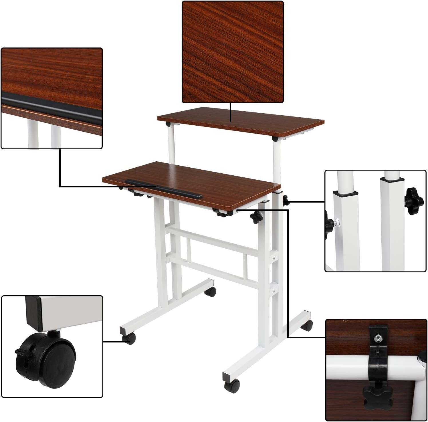 VINGLI Brown Mobile Standing Up Desk, Steel Frame with White Coating, Adjustable Wooden Laptop Desktop with Locking Wheels, Rolling Presentation Cart : Office Products
