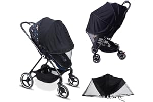 JOFOL BABE - Baby Mosquito Net for Stroller Sun Protection,2 in 1 Baby Stroller Mosquito Net,Adjustable Stroller Mosquito Net Sunshade,Breathable Double Zip Stroller Netting (Black, Upgrade)