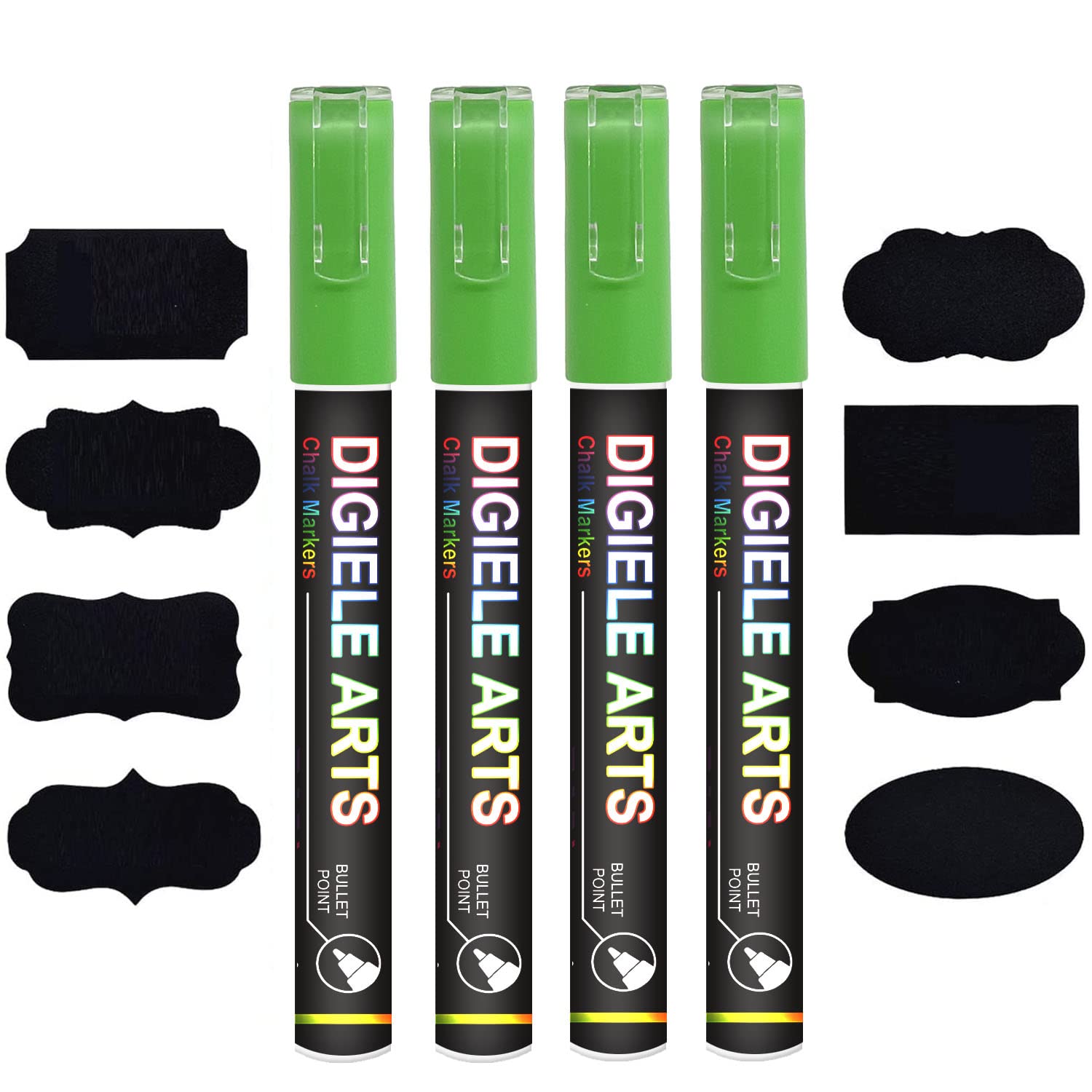 DIGIELE Green Chalk Marker Pens, 3mm Green Liquid Pen Markers, Dry or Wet Wipe Erase, Reversible Bullet or Chisel Tip for Blackboard, Whiteboard, Window & Glass, 4 Pens & 16 Chalkboard Labels Packed