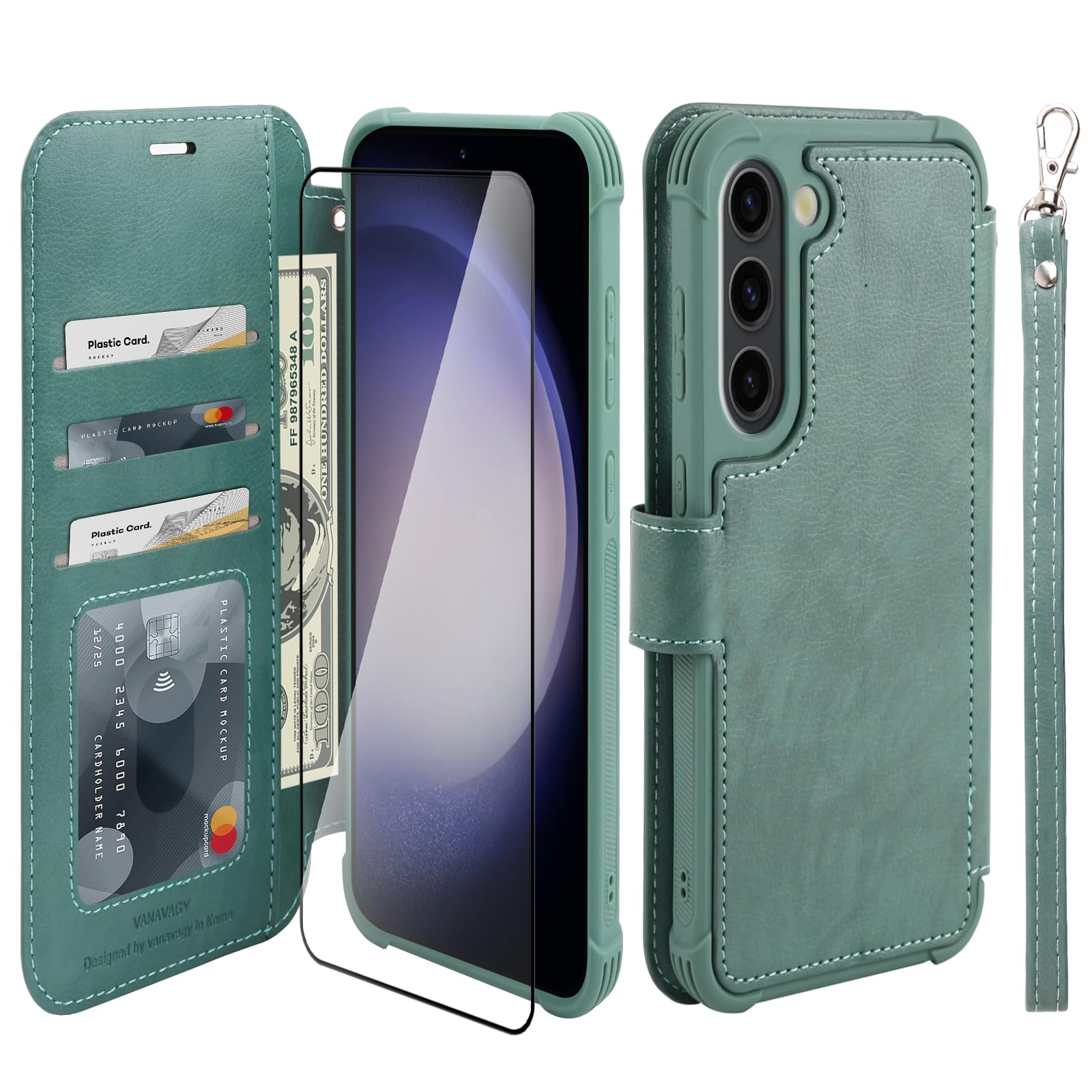 VANAVAGY Compatible for Galaxy S23 Wallet Case, 12ft Drop Protection, RFID Blocking PU Leather Flip Cover, Card Holder & Kickstand, Shockproof Phone Case for S23-6.1 Inch,Forest Green