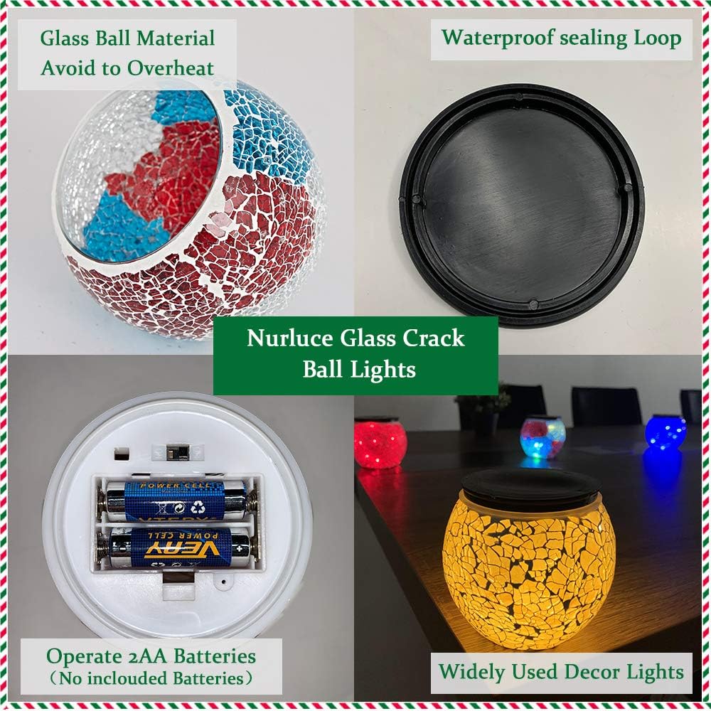 Nurluce 4 Pack Battery Operated Outdoor Tabletop Lanterns 10 LED Outdoor Garden Mosaic Glass Decorative Lanterns Cracked Glass Waterproof Table Lamp Waterproof Mood Lights for Patio Garland Garden - - 