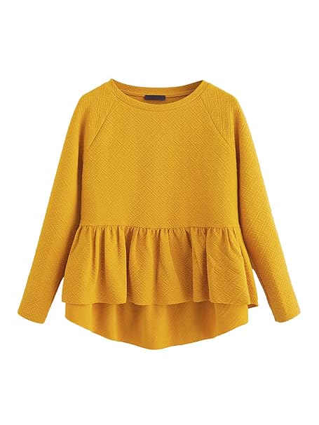 Women’s Loose Round Neck Raglan Long Sleeve Ruffle High Low Hem Smock Top