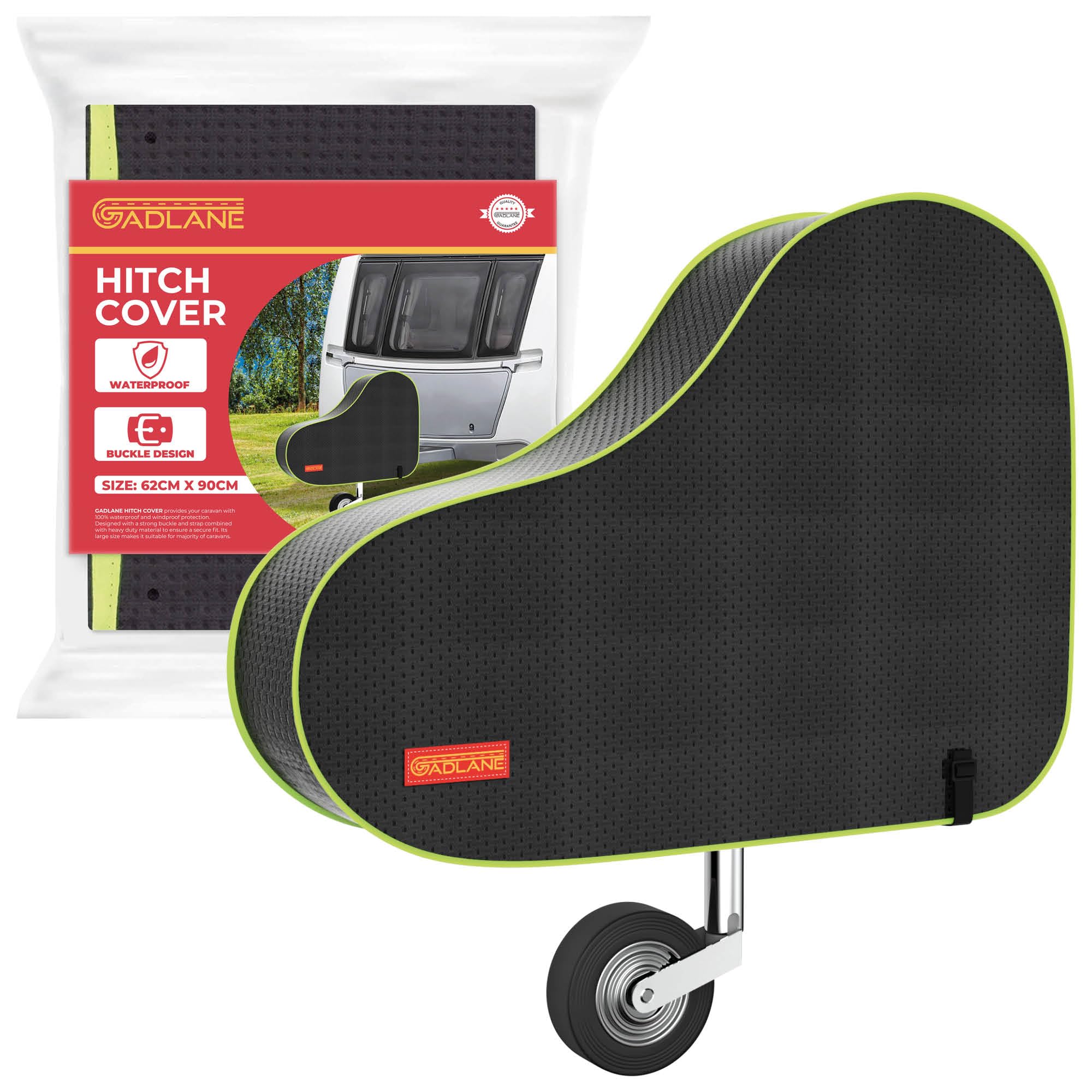 GADLANE Caravan Hitch Cover With Strap - Waterproof Tow Bar Cover, 62cm x 90cm, Heavy Duty Nylon With Green Fluorescent Strip, For Most Caravans/Motorhomes/Trailers (Black)