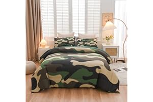 Meeting Story Camouflage Bedding Set, Green Camouflage Comforter Set, 5 PCS One Comforter and Two Pillowases, All Season Soft Bedspread for Boys Teens Adults (Green, Twin 5Pcs)