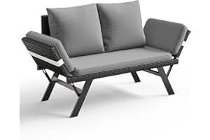 TAVATA Outdoor Convertible Sofa, PE Woven Rattan Patio Loveseat with Adjustable Armrests & Removable Cushions, Outdoor Daybed or Balcony Couch with 2 Pillows for Patio, Porch, Poolside (Grey)