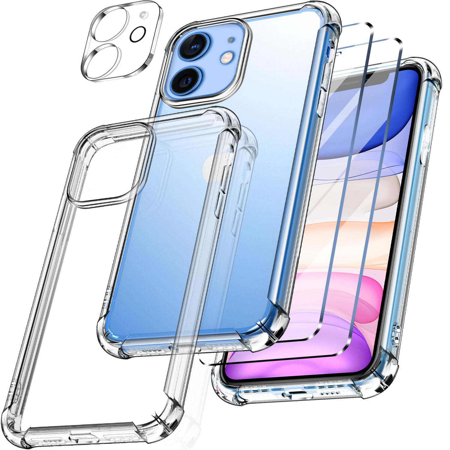 New&Teck Case for iPhone 11 (6.1) + 2X [Tempered Glass Screen Protector] and [1x Camera Protection] Transparent Soft Silicone TPU [Bumper with Reinforced Corners], Clear Protection.