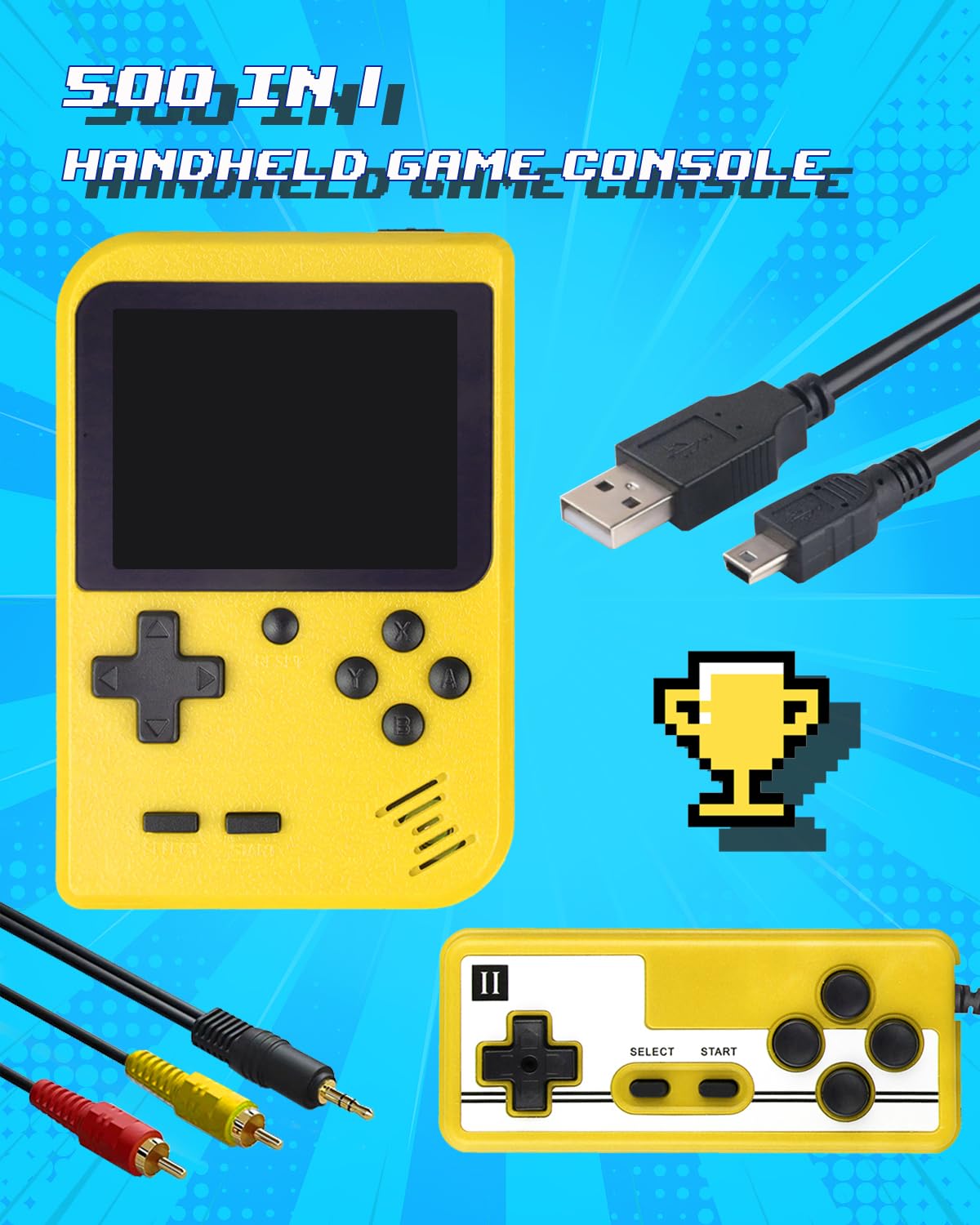 Hikonia Handheld Game Console,Portable Retro Video Game Console with 500 Classical Games,3.0 Inches Screen,1020mAh Rechargeable Battery,Support for TV & Two Players,Gift for Kids & Adult(Yellow)