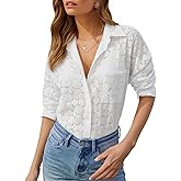 siliteelon Womens Button Down Shirts with Pockets Hollow Out Lace Embroidered Blouses Cotton Eyelet Long Sleeve Collared Dress Tops - White 2XL
