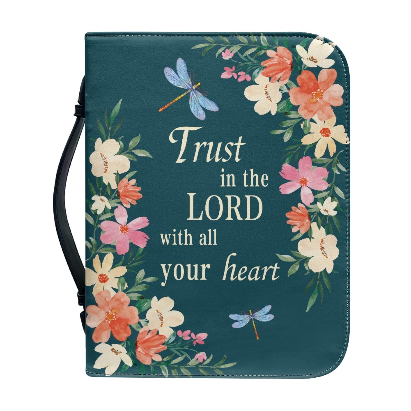Kuiaobaty Lord Quotes Print Bible Cover with Handle, Flowers Dragonfly Faux Leather Book Cover Case with Zipper, Small Lager 4 Size