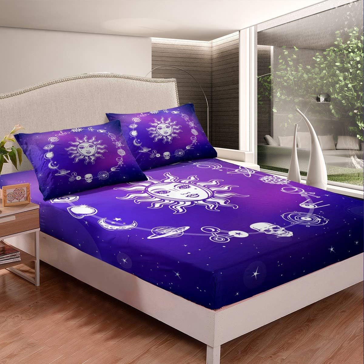 Feelyou Girls Boho Sun and Moon Bed Sheet Set Purple Galaxy
