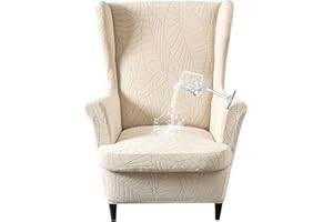 JIAN YA NA Waterproof Wingback Chair Cover, Stretch Jacquard Wing Chair Slipcovers 2 Piece, Wingback Armchair Sofa Slipcover Super Soft Fabric Furniture Protector with Elastic Bottom for Living Room Bedroom