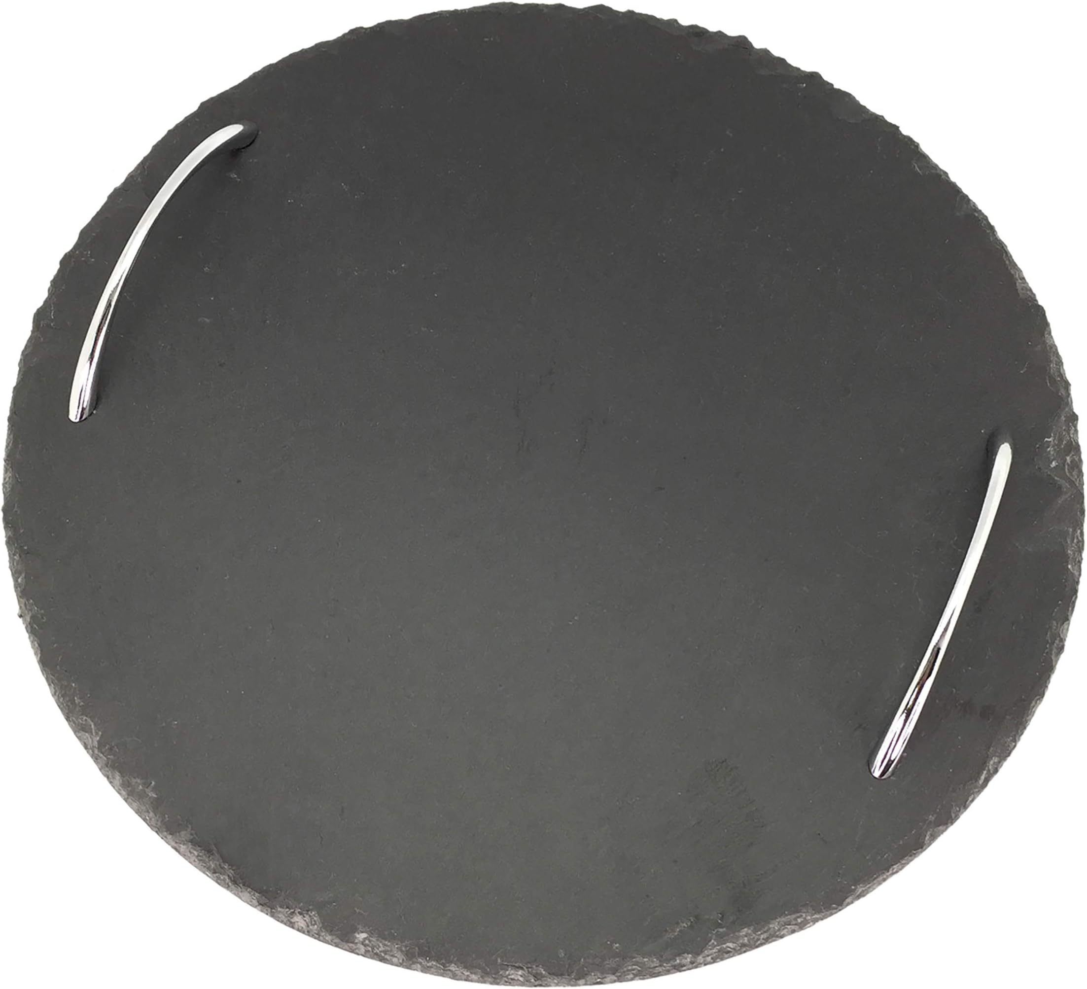 Evco International 73497 Natural Slate Round Serving Tray with Zinc Alloy Handles, 11-3/4" Diam, Black