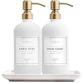 Vine Creations Glass Soap Dispenser, 2 Pack Kitchen Soap Dispenser Set with Ceramic Tray, Stainless Steel Pump, Dish Soap and Hand Soap Dispensers for Bathroom or Kitchen Decor with Waterproof Labels