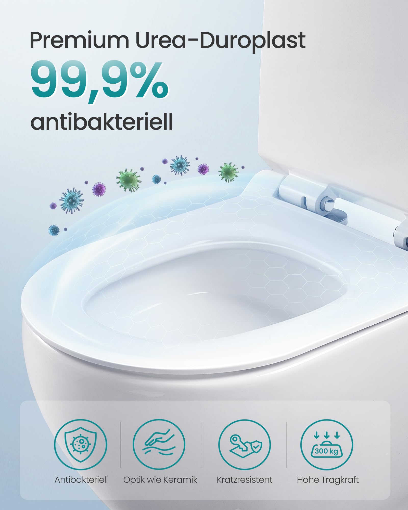 SONGMICS Toilettendeckel, lange D-Form, WC-Sitz mit Absenkautomatik, Toilettensitz schnell abnehmbar, Klodeckel einfache Montage, WC-Deckel Urea-Duroplast, bis 300 kg belastbar, weiß BTL102WZ01 6