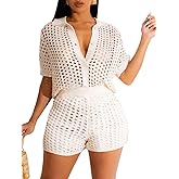 KANSOON Short Sets Women 2 Piece Outfits Knit Color Block Short Sleeve Button Down Shirt and Shorts Set