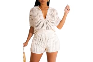 KANSOON Short Sets Women 2 Piece Outfits Knit Color Block Short Sleeve Button Down Shirt and Shorts Set