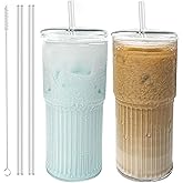 Luiaiog Glass Cups with Lids and Glass Straws, High Borosilicate 20OZ Tumblers (2Pcs) for Coffee, Tea, Juice, Smoothies, Hot/Cold Drinks at Home, Office（Christmas Creative Drink Label Design）