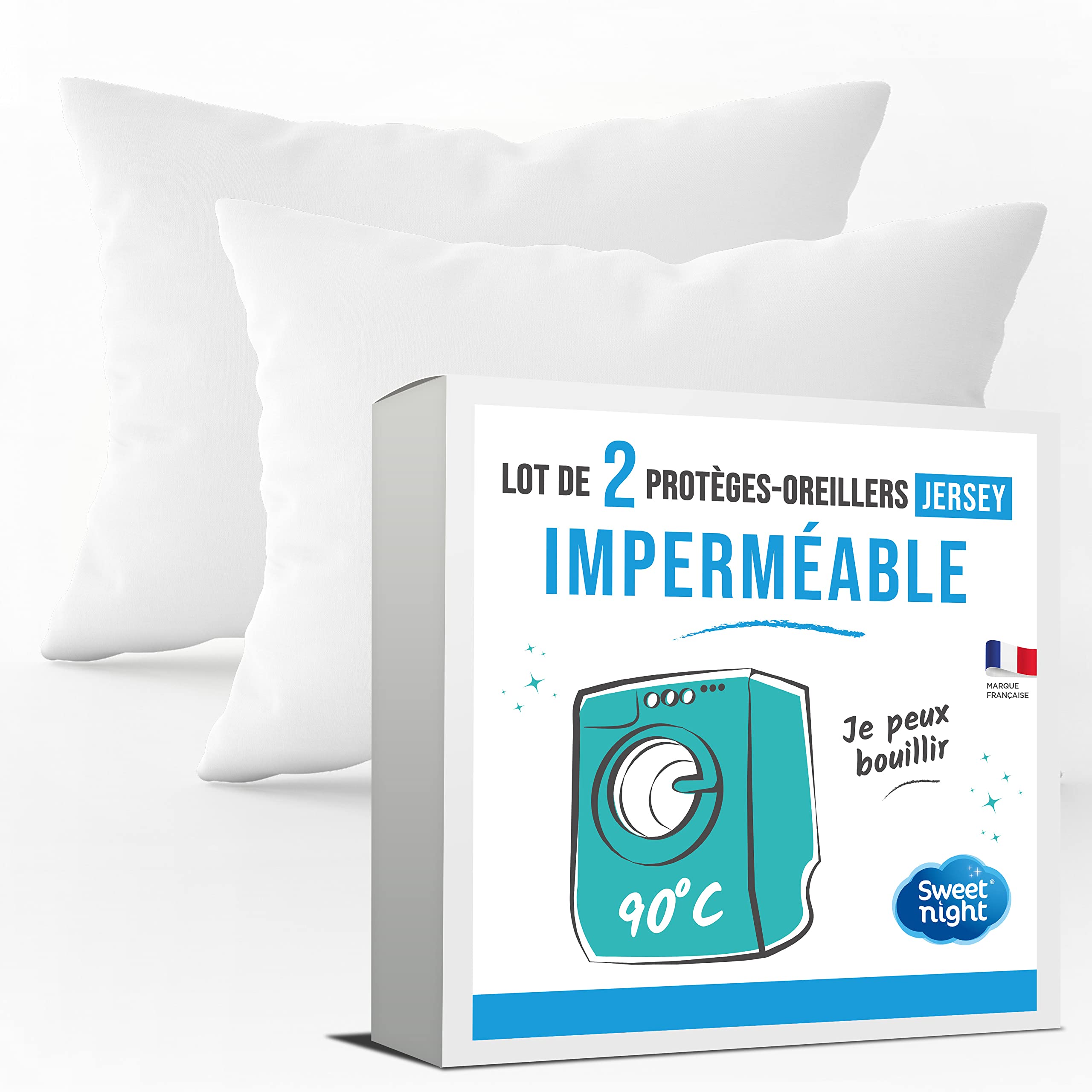 SWEET NIGHT Axel Pack of 2 protèges-oreillers Waterproof Jersey Polyester Washable at 90 °C Jersey, White, 50 x 70 cm — image 1
