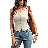 vinglam Women's Pure Linen Cropped Button V Neck Back Tie Waistcoat 100% Linen Vest with Pocket