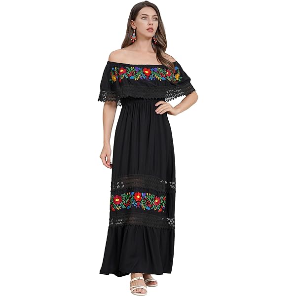 Women Mexican Dress Off Shoulder Floral Embroidered Long Maxi Dress Summer  Beach Party Cinco de Mayo Dresses Black S at Amazon Women's Clothing store