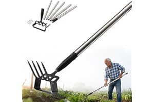 Garden Hoe with Long Handle, 4 Tines Heavy Duty Cultivator for Weeding, Loosening Soil, Digging, Planting, Useful Stirrup Hoe
