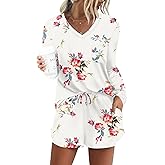 DB MOON Womens Long Sleeve Lounge Set 2 Piece Cute Short Pajamas Sets With Pockets Sleep Wear