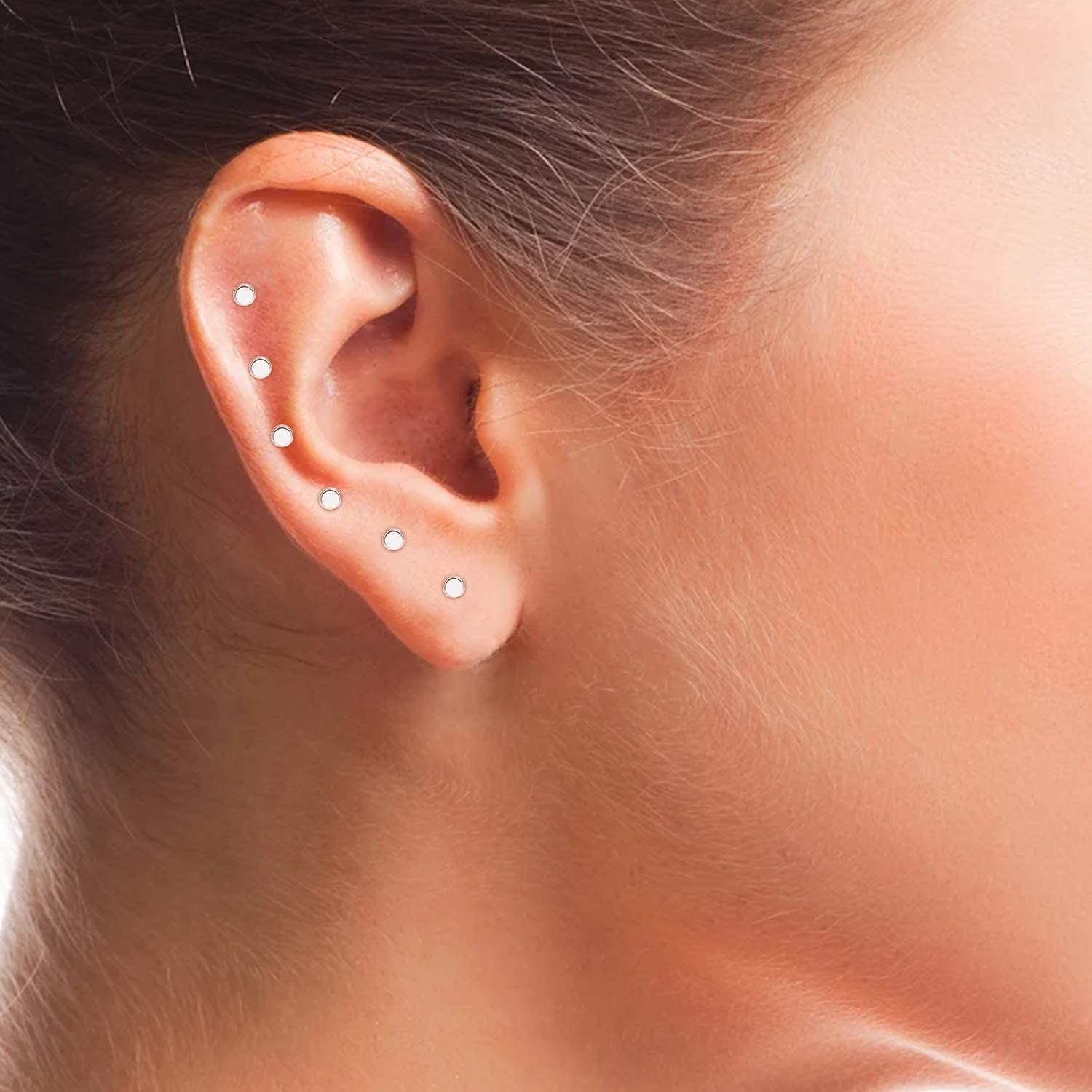 UHIBROS Hypoallergenic Stainless Steel Stud Earrings 2mm Tiny Ear Studs for Women Man 18K White Gold Plated 6 Pairs