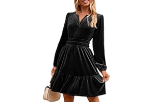 Simplee Womens Velvet Dress 2025 Fall Cocktail Long Sleeve Empire V Neck Wedding Guest Holiday Mini Dresses with Pockets