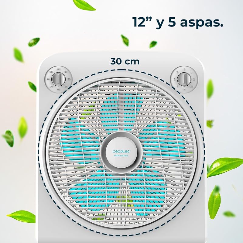 Ventilador de chão branco EnergySilence 6000 Power Box Cool. Motor de cobre, 50W, 12" de diâmetro com 5 pás, grelha rotativa, 3 velocidades, temporizador de 2 horas, uso simples e seguro