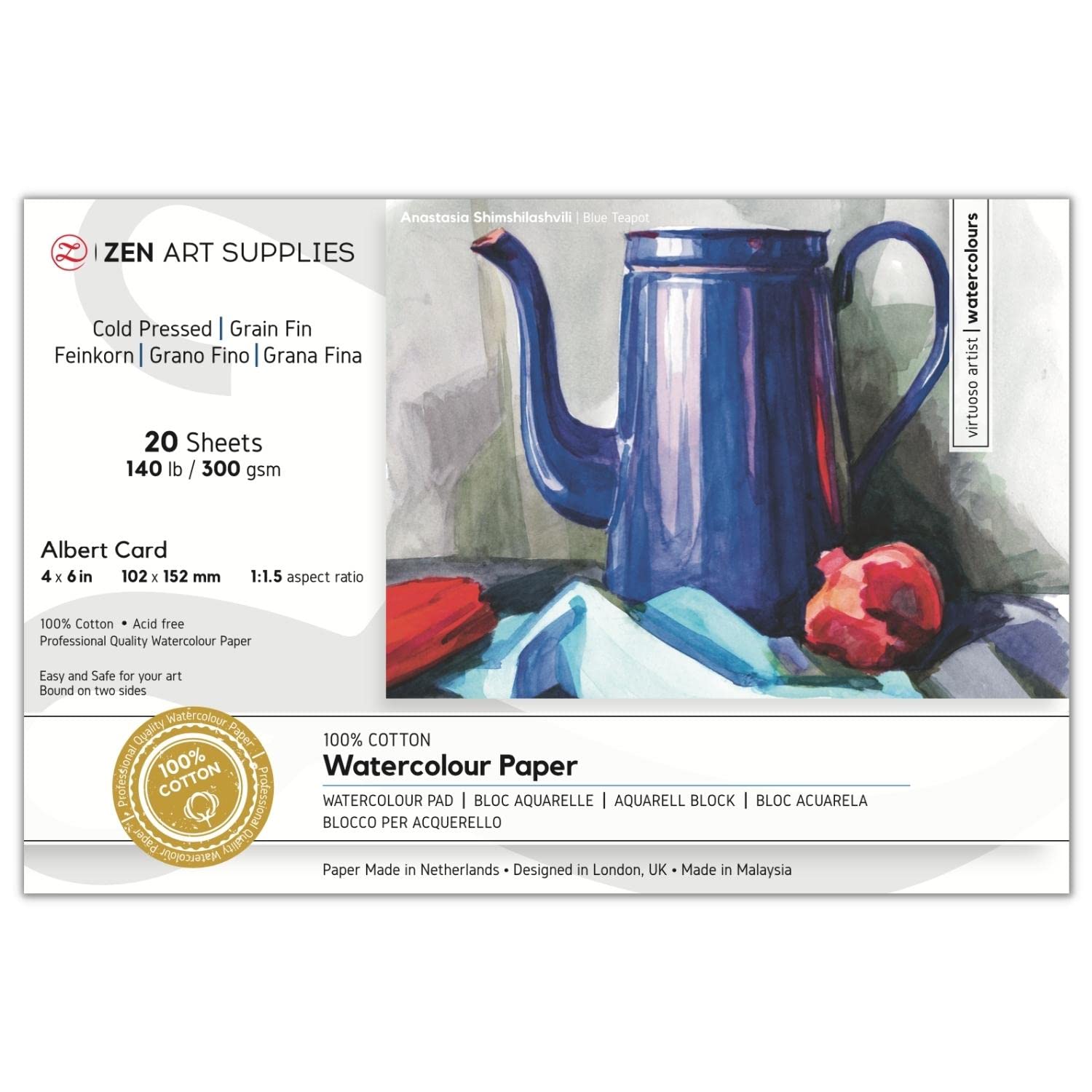 Watercolour Paper Pad (Glued Block) A6+ (10 × 15 cm) – ZenART 100% Cotton, Cold Pressed Watercolour 300gsm, Archival, Vegan Sized for Vibrant Colours, 20 Sheets for Water Colour, Gouache & Wet Media