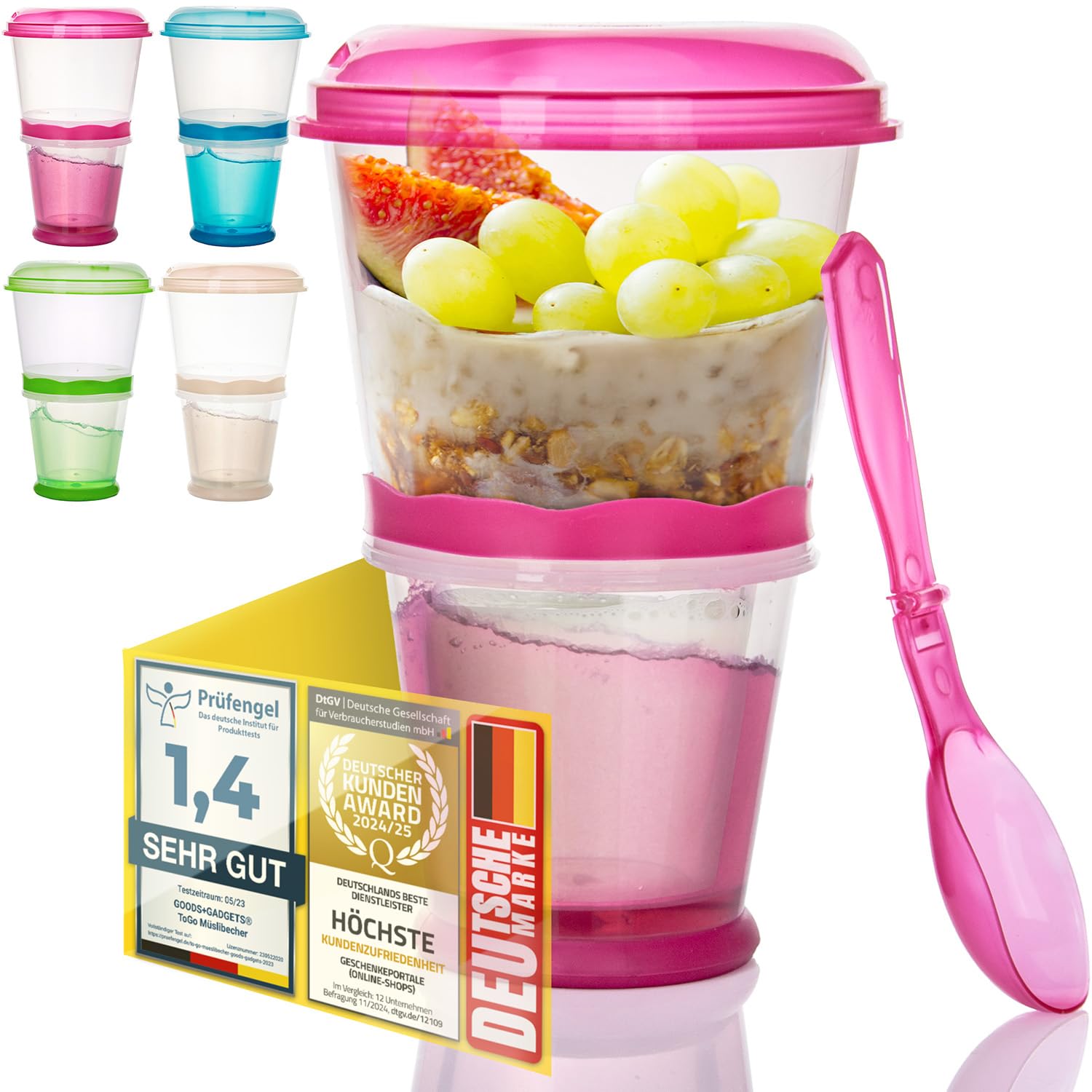 GOODS+GADGETS Muesli To-Go Muesli Mug for On-the-go 2-Go Muesli Travel Mug with Insulated Milk Cooler Compartment & Folding Spoon with Tight Lid for Work, University, Travel, Picnic and More (Red)