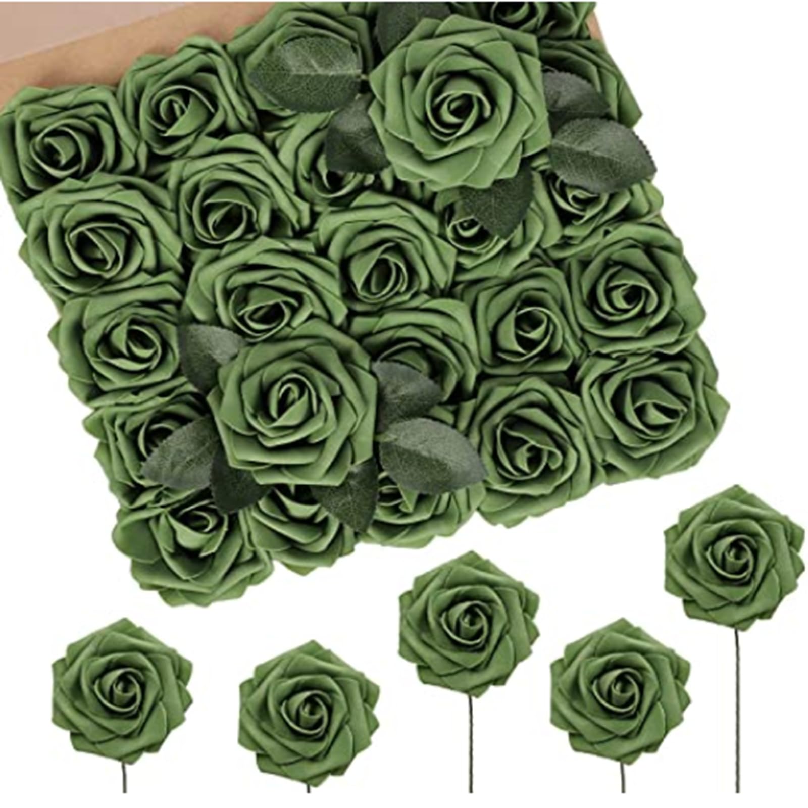 N&T NIETING Artificial Flowers Roses 50pcs Fake Flowers with Stem for DIY Wedding Bouquets Centerpieces Bridal Baby Shower Party Home Shower Arrangement Decoration (Army Green)