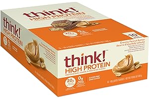 think! High Protein Bar, 20g Protein per bar, Zero sugar, Gluten Free - Creamy Peanut Butter, 10 count/box, 60g per bar - Con