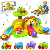 Lion Race Track Slide Toy for Toddlers 1-3 Years Old Boy Girl, Kids Gifts | 4 Animal Cars, Slide, Lift, Parking &amp; Launcher with Lights, Sounds &amp; English/Spanish Audio, Cause &amp; Effect Toy for 12-18M