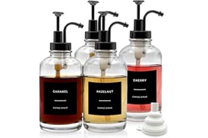 MFBJXC 4-Pack Coffee Syrup Dispenser for Coffee Bar, 16.9 oz 500 ml Glass Syrup Bottle with 36 Labels, Syrup Pump Dispenser for Coffee Bar(Black pump)