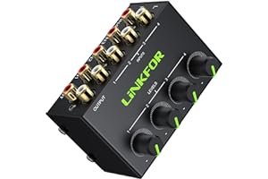 LiNKFOR 4 Channel Stereo Audio Mixer CX400 Metal Shell Support RCA Input and Output Mini Passive Stereo Mixer with Separate Volume Controls