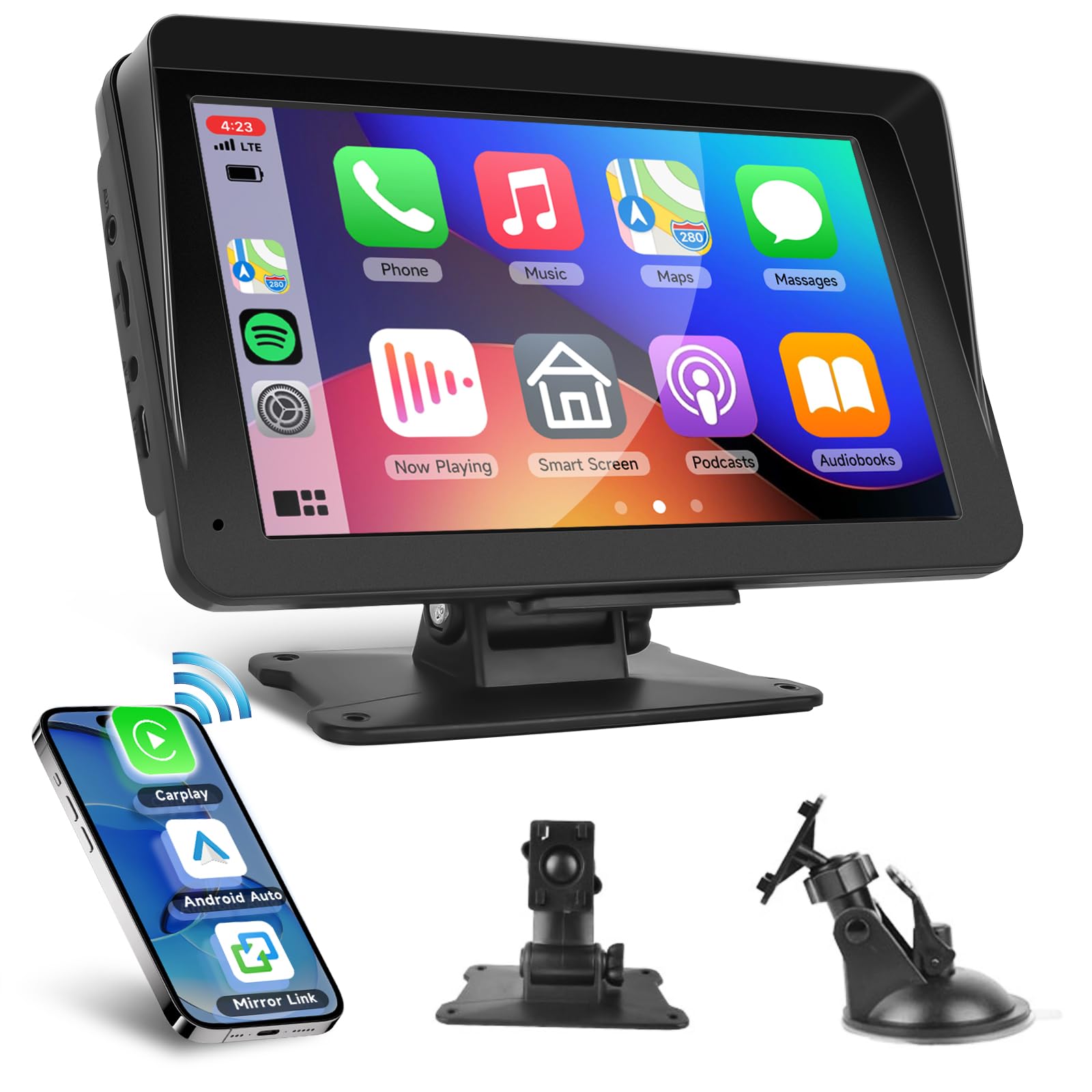 Hodozzy Wireless CarPlay Screen for Car, Android Auto Protable Car Stereo, 7 Inch Touch Screen Car Radio with Airplay Voice Control Bluetooth FM AUX, Display Car Player Car play Touch Screen for Car