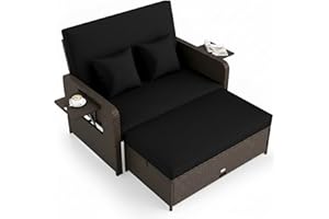 Tangkula Patio Rattan Daybed with 4-Level Adjustable Backrest, Outdoor PE Wicker Loveseat with Storage Ottoman & Folding Side