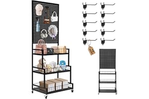 NectaCol Pegboard Panels, 3-Tiers Metal Pegboard Display Stand with Peg Board Panel, Standing Pegboard Display Rack, Craft Show Display, Art Display and Retail Display Stand with 10 Hooks - Black