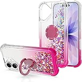 WORLDMOM for iPhone 17 Case,Bling Moving Liquid Floating Sparkle Colorful Glitter Waterfall TPU Protective Case with Rotation Ring Kickstand [6.3 inch 2025], Rose Gold