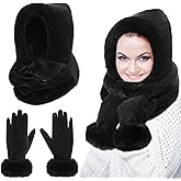 Chuarry 2 Pcs Women's Faux Fur Infinity Scarf and Winter Gloves Set Include Soft Hooded Scarf Touchscreen Fur Gloves