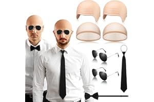 Mepase 8 Pcs Halloween Latex Bald Caps with Head Wig Caps Sunglasses Tie and Bow Tie for Adults Men Halloween Party Cosplay(Wrinkle Style)