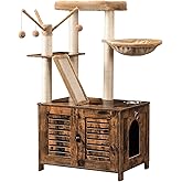 HOOBRO Cat Tree with Litter Box Enclosure, 112 cm Tall Wooden Cat Tower with Scratching Posts, Cat Hammock, Hidden Litter Box